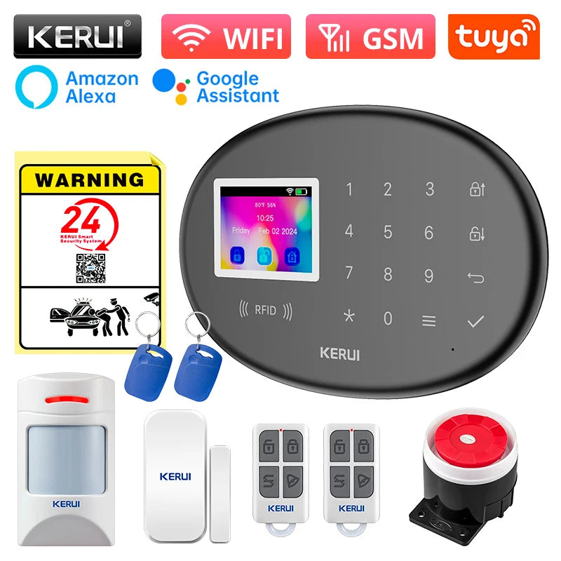 KERUI WiFi Intteligent Alarm for Home Security Alarm System Smart Life Tuya Burglar Alarm with Door/Window Sensor W202 Black