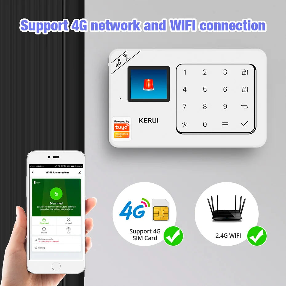 KERUI Home Alarm Worke with Alexa, Tuya Smart Home Sesurity Alarm 4G/WiFi Wireless Burglary Protection, PIR Motion Sensor W184