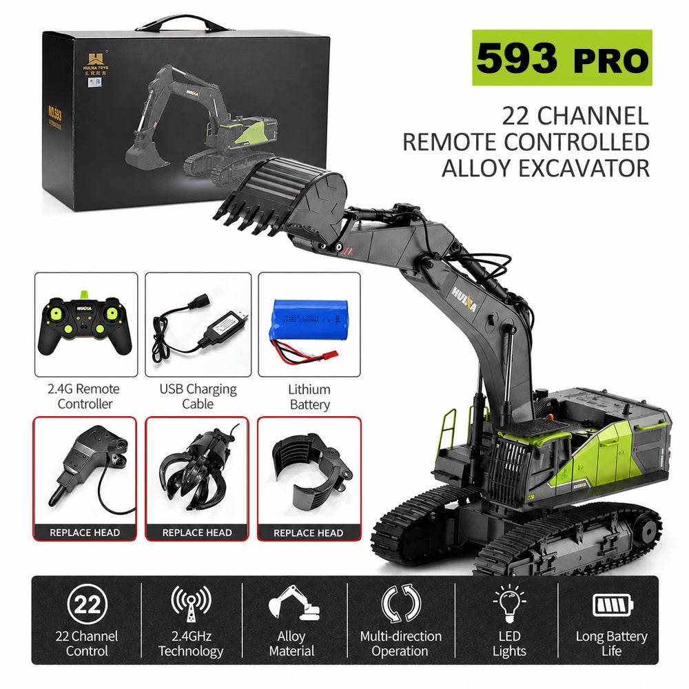 HUINA 1593 RC Excavator 1/14 Metal Alloy Engineering Crawler Tractor 2.4G Electric Remote Control Car Rc Vehicle Toys for Kids